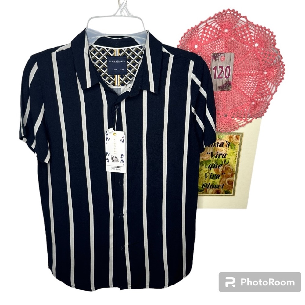 NWT Denim & Flower Ricky Singh Boys Navy & White Button-Down Shirt 100% Viscose